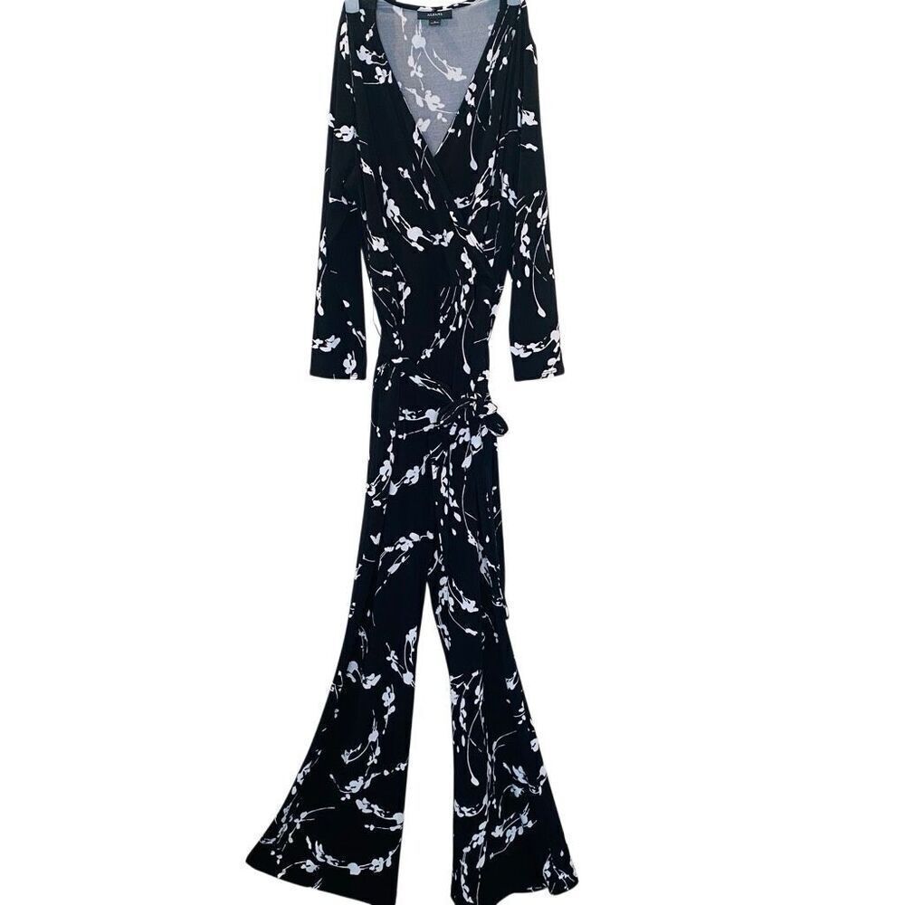 Alfani Printed Faux Wrap Surplice Tie Waist Wide Leg Jumpsuit Black White Small